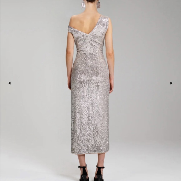 Self-Portrait ruched sequin midi dress with front side slit. - Picture 2 of 5